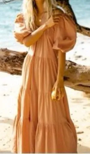 Billabong Endless Shore Puff Short Sleeve Tiered Maxi Dress Orange Peach Small thumbnail 1