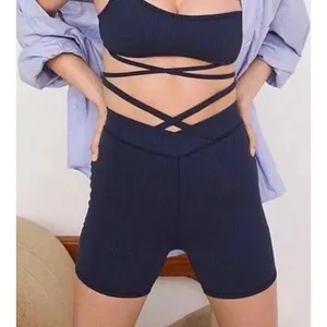 For Love & Lemons Chloe Midnight Blue Waist Strap Ribbed‎ Bike Shorts S thumbnail 4