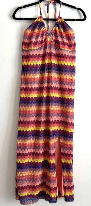Wild Fable Crochet Halter Stripe Dress Women's Large Lace Up Back Pink Yellow thumbnail 1