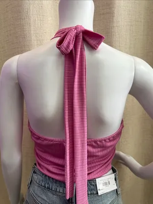 Le Lis Pink Ribbed Halter Tie-Front Crop Top thumbnail 4