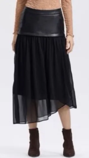 A New Day NWT Mixed Fabric A-Line‎ Skirt Size XS Black Faux Leather Chiffon Midi thumbnail 1