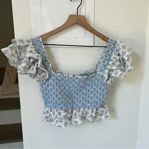 NWT LOVESHACKFANCY Wrennly Top in Powder Blue and White thumbnail 3