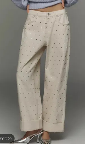 Pilcro Anthropologie Relaxed Wide Leg Cuffed Sparkle Jean Pant Cream 30 thumbnail 1