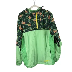 Sprints Sloth Print Windbreaker Jacket Green Half Zip Hooded Womens Large thumbnail 2
