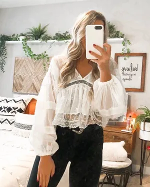 Free People White Balloon Sleeve Shirt thumbnail 1
