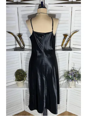 Black satin slip dress ruched front sweetheart cocktail whimsigoth punk alt sz M thumbnail 2