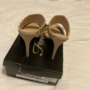 Taupe and gold studded sandals with heel thumbnail 2