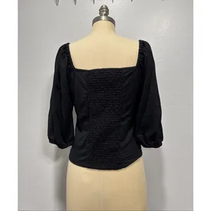 Ann Taylor Top M Black Square Neck Puff Sleeve Back Shirred Blouse Feminine thumbnail 3