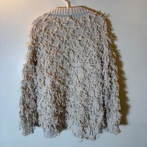 Storia Shaggy‎ Fringe Knit Cardigan Sweater Oatmeal Beige Size Small thumbnail 6