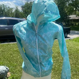 Aqua Water Ripple Print Hooded Windbreaker Jacket Womens S/M Lightweight Zip thumbnail 2