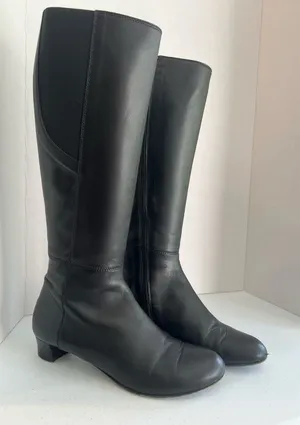 Black Knee High Leather Riding Boots Low Heel Italian AGL Size 37.5 (US 7) thumbnail 1