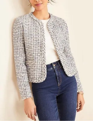 NEW Ann Taylor Blue Tweed Glitter Open Front Fringe Blazer Jacket Preppy Office thumbnail 1