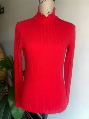 J. Crew Ribbed Scalloped Trim Red Turtleneck Sweater Size XS NWT thumbnail 3