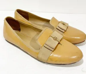 Tory Burch Size 9M Nude Patent Leather Trudy Bow Gold Reva Smoking Flat Loafers thumbnail 3