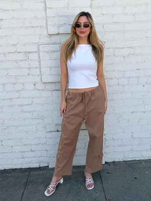 Vtg Tan wide leg capri cargo pant drawstring waist sz XL #y2k #outdoors #retro #utility thumbnail 2