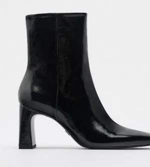 Black Patent Glossy Shine Leather Ankle Boots Block Heel Square Toe thumbnail 3