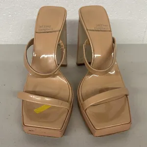 Jeffrey Campbell sz6.5 tan open toed square toe nude patent hustler high heels thumbnail 2