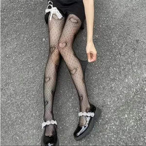 Heart Print Mesh Tights Black Sexy Cut Out High Waist Fishnet Pantyhose One Size thumbnail 6