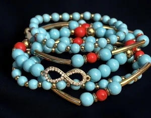 Turquoise and red bead pave infinity stretch bracelets Blue thumbnail 1