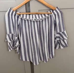 Moa Moa‎ Womens Off The Shoulder Striped Ruffle Sleeve Blouse Navy White Small thumbnail 1