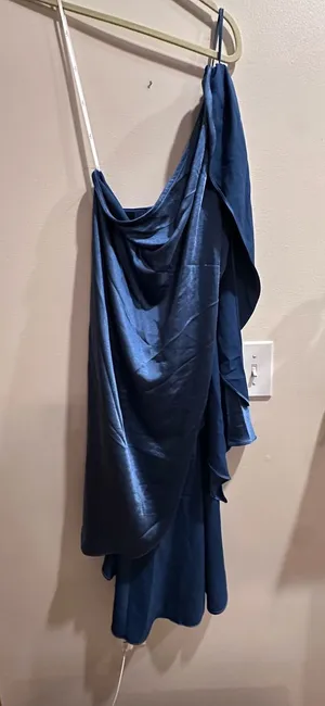 Lulu's Midnight Blue Satin One-Shoulder Slip Dress thumbnail 1