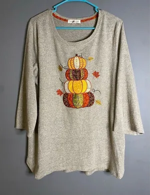 Clover + Pine Gray Pumpkin Fall Embroidered Crew Neck 3/4 Sleeve Top XL thumbnail 1