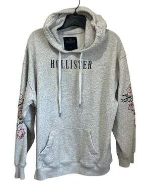 Hollister California Graphic Hoodie Floral Sleeve‎ Embroidery Gray Pullover M thumbnail 1