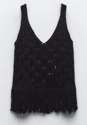 Zara NWT Black Crocheted Fringe Tank Top - Women thumbnail 1