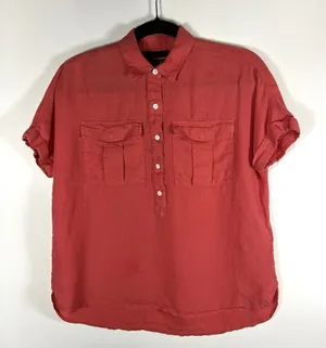 J‎ Crew Baird McNutt Top Size 0 Womens Red Short Sleeve Shirt Linen Button Beach thumbnail 1