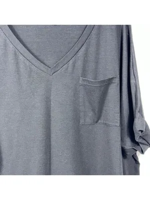 Womens XL Black V Neck Pocket Tee Rolled Sleeve Stretch Casual Oversized Top thumbnail 2