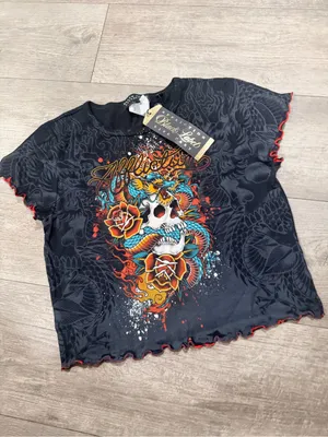 Affliction Black Cropped Graphic Tee with Multicolor Skull & Snake thumbnail 9