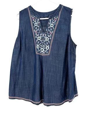J.Jill Denim Size Large Sleeveless Blouse‎ Top Tank Shirt Embroidered Lyocell thumbnail 1