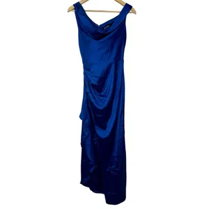 NWT Babyboo Juliene Navy Blue Satin Draped Cowl Neck Maxi Dress Womens Size S thumbnail 12