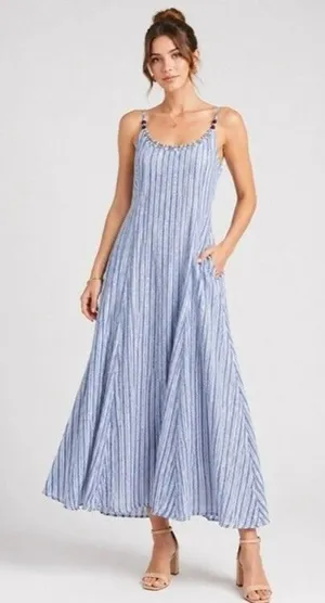 Calypso St. Barth Linen Blue White Striped Beaded Strap Maxi Dress - Size - XS thumbnail 1