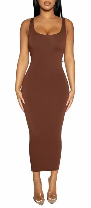 Naked Wardrobe Midi Sculpt Tank Dress Chocolate Brown New Plus Size 2X 2 NW thumbnail 1