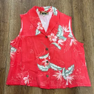 VTG‎ Caribbean Joe Red Tropical Floral Sleeveless Button Up Top Resort Womens L thumbnail 1