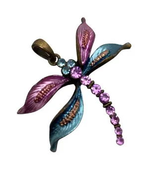 Vintage fairy cottagecore Dragonfly pendant with purple and teal rhinestones. thumbnail 1