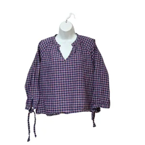 Madewell Womens Blue Red Plaid Cotton Linen Tie Cuff Blouse‎ G1412 Size M thumbnail 2