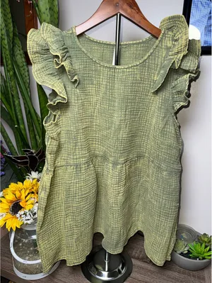 Zenana Gauze Acid Wash Ruffle Sleeve Top in Green thumbnail 1
