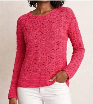 Chico's Pink Crochet Open Knit Long Sleeve Pullover Boho Sweater thumbnail 1