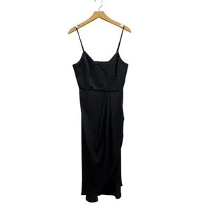 Lulus V Neck Spaghetti Strap Pleated Faux Wrap Reinette Black Midi Dress size L thumbnail 3