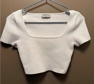 Babaton Sculpt Knit Square Neck Crop Top White Ribbed Short Sleeve Small thumbnail 1