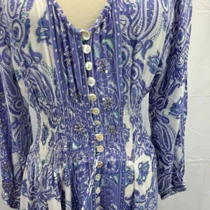Z&L Boho Paisley Maxi Dress Small Smocked Waist Button Front Purple Green Resort thumbnail 5