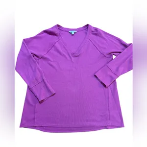 Wildfox Magenta Pink Waffle‎ Knit V-Neck Long Sleeve Top Cozy Casual Sz L thumbnail 4