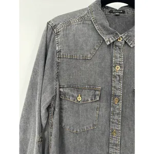 Timing Chambray Cotton Shirt Dress M Pockets Dark Grey Roll Tab Sleeve Summer thumbnail 3