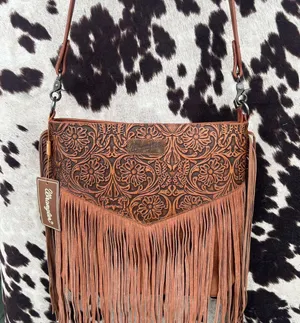 Wrangler Tooled Leather Cross Body Brown Fringe LARGE NWT floral western purse thumbnail 1