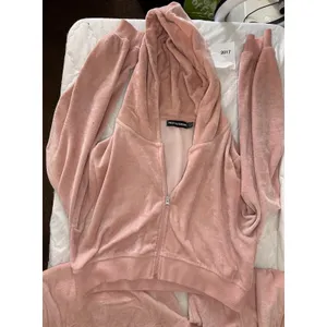 PrettyLittleThing Pink Velour 2pc Tracksuit Set Zip Hoodie Joggers Pockets thumbnail 2