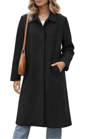 Gallery Vintage Long Black Fleece Lined Y2K Trench Overcoat thumbnail 1