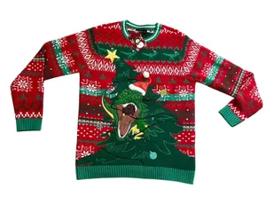 Blizzard Bay T-Rex Dinosaur Christmas Tree Ugly Sweater Red Green Womens Medium thumbnail 1