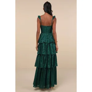 NWT Lulus Stunning Glory Hunter Green Floral Jacquard Tiered Maxi Dress Gala XS thumbnail 3